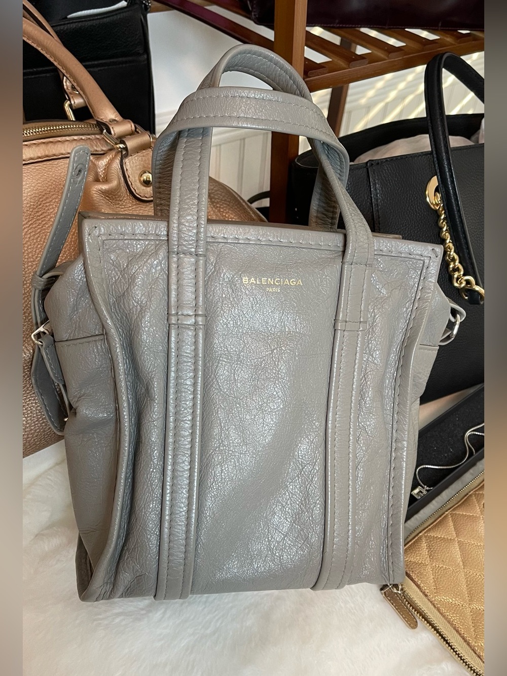 Balenciaga Authentic small Everyday Leather Tote Bag in Light Gray crossbody